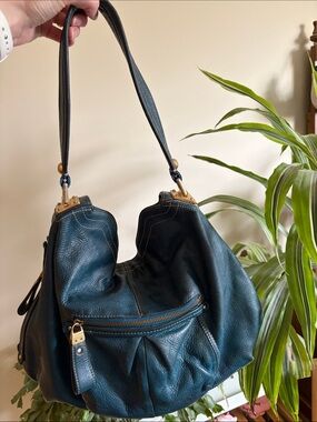 b. makowsky Teal Pebbled Leather Hobo with Gold Hardware